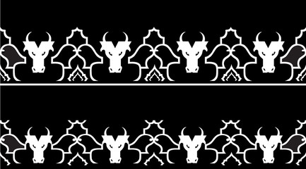 
The illustration shows seamless pattern with a bull's head and geometric patterns. Vector illustration made in black and white silhouette