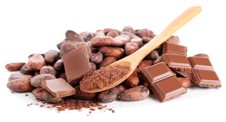 Pile of cocoa beans and chocolate isolated on white background