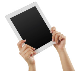 White tablet in hands isolated on white background