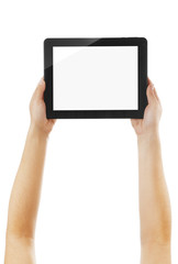Black tablet in hands isolated on white background