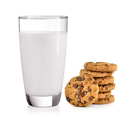  milk and Chocolate chip cookie on white background