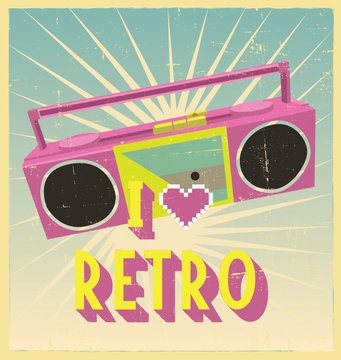 i love retro sign with cassette deck on postcard or poster. retr