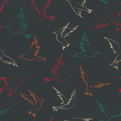 vector hand drawn flying birds seamless pattern