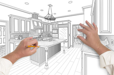 Male Hands Sketching Beautiful Custom Kitchen