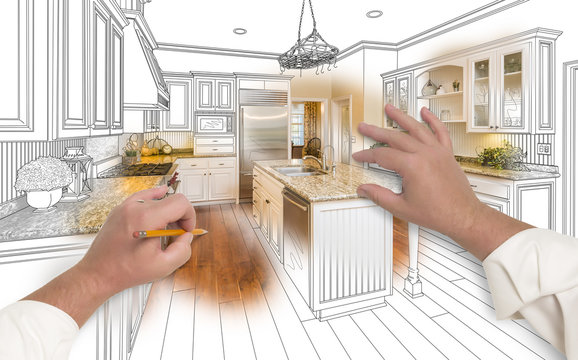 Male Hands Sketching Custom Kitchen with Photo Showing Through