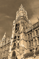 Marienplatz in the city center, Munich, Germany with sepia filter