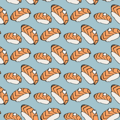 Seamless pattern with hand-drawn cartoon japanese food icon - sushi with salmon. Doodle drawing. Vector illustration - swatch inside