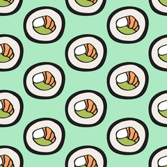 Sushi sketch. Seamless pattern with hand-drawn cartoon japanese food icon - sushi with fish and avocado. Vector illustration - swatch inside