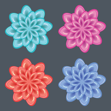 Flower icon set. Dahlia, aster, daisy, chamomile, chrysanthemum, gowan button. Ice, glass, frozen unusual  floral signs. Blue, red, rose, turquoise signs on dark gray background. Winter theme. Vector