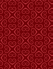 Seamless heart signs pattern. Love, birthday, Valentine day, holiday, sale texture. Twist ornament of laurel leaves. Red colored background. Vector