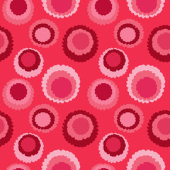 Seamless geometric polka do spotty pattern. Motley texture with circles. Round blots doodles. Red, rose colored. Vector