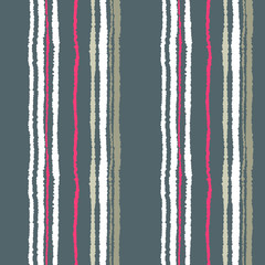 Seamless strip pattern. Vertical lines with torn paper effect. Shred edge texture. White, magenta contrast colors on gray background. Vector