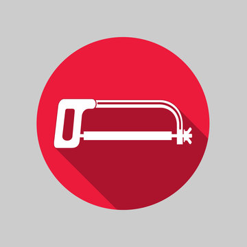 Saw, fretsaw, tool icon. Repair fix symbol. Round red circle flat icon with long shadow. Vector