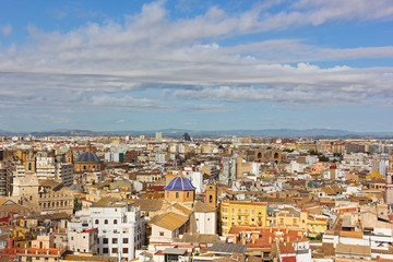 Aerial view on Valencia old city landmarks and urban architecture. Colorful urban architecture of Valencia, Spain.