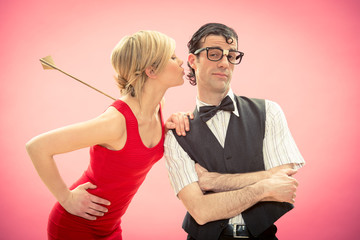 Nerd man boyfriend get woman he love by cupid arrow for valentine day
