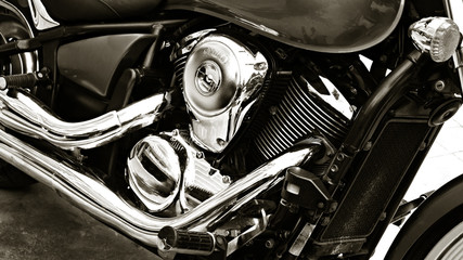 Close up view of a shiny motorcycle engine