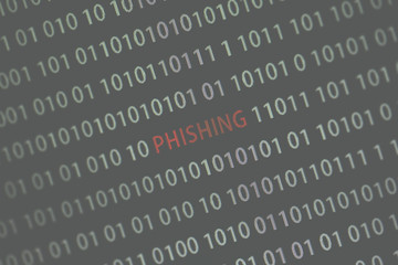 'Phishing' word in the middle of the computer screen surrounded by numbers zero and one. Image is taken in a small angle. Image has a vintage effect applied