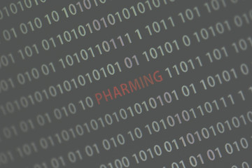 'Pharming' word in the middle of the computer screen surrounded by numbers zero and one. Image is taken in a small angle. Image has a vintage effect applied