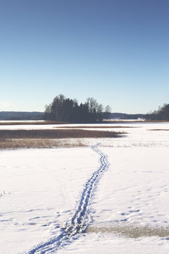 The Footprints on the snow. The track goes across the lake ice. Image taken on a sunny winter day in Finland.