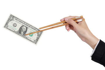 business woman hand holding money in chopsticks