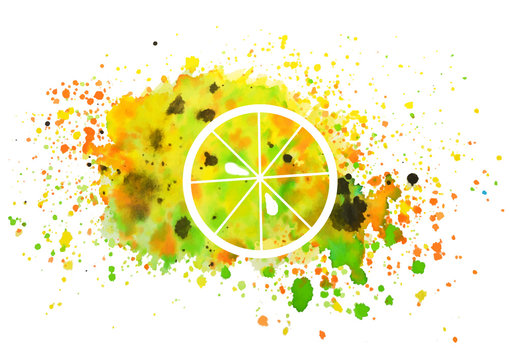 Abstract slice of orange and splashes of watercolor on white background, vector  illustration
