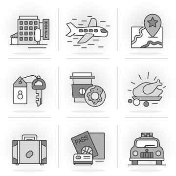 Flat Line Icons Set. Vacation, book a room, flight, navigation, Isolated Objects in a Modern Style for Your Design.