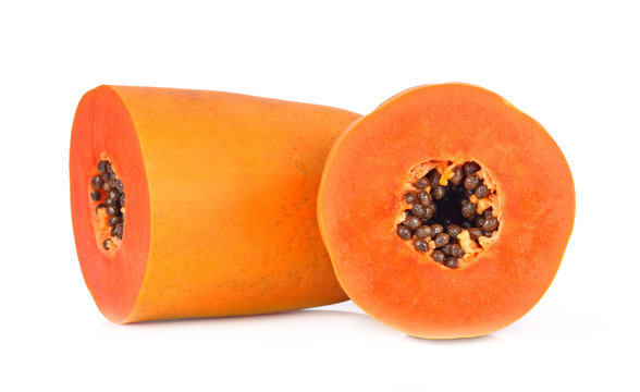 slices of sweet papaya on white background