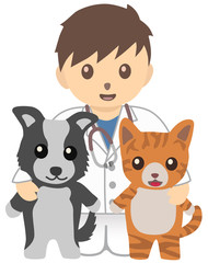Obraz na płótnie Canvas 男性獣医師と犬と猫