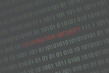 'Information security' text in the middle of the computer screen surrounded by numbers zero and one. Image is taken in a small angle. Image has a vintage effect applied.