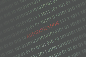'Authentication' word in the middle of the computer screen surrounded by numbers zero and one. Image is taken in a small angle. Image has a vintage effect applied.