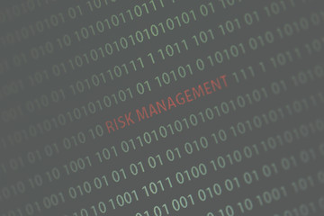 'Risk management' text in the middle of the computer screen surrounded by numbers zero and one. Image is taken in a small angle. Image has a vintage effect applied.