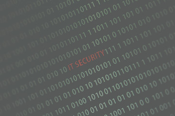 'IT Security' text in the middle of the computer screen surrounded by numbers zero and one. Image is taken in a small angle. Image has a vintage effect applied.