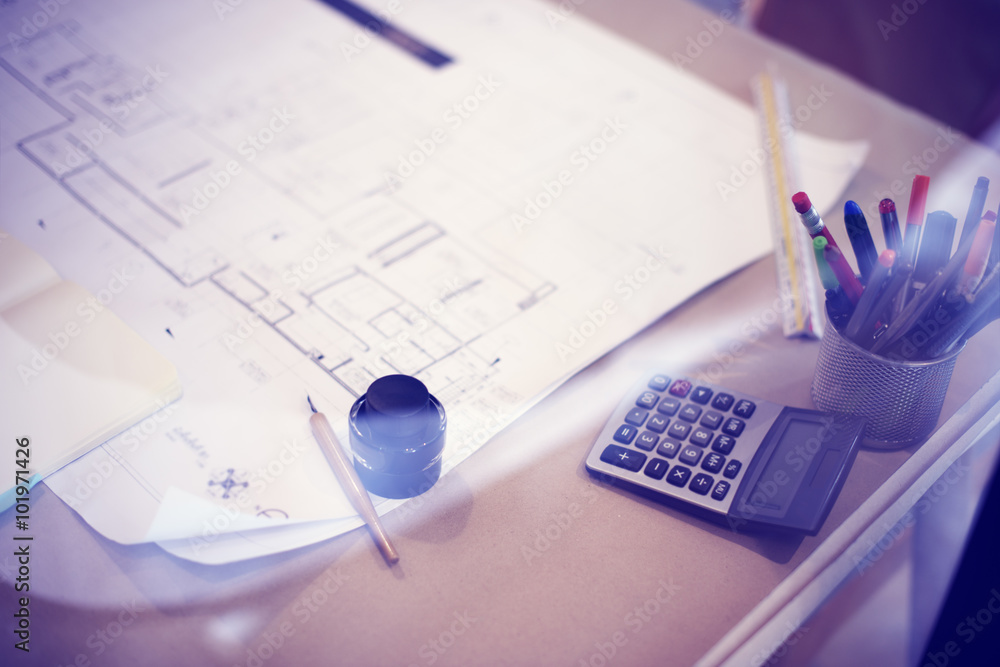 Poster working table architecture project planning concept