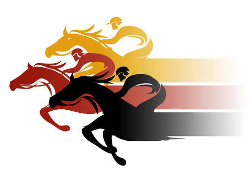 Fototapeta Horse Racing.  Three racing jockeys at Full Speed. Colorful illustration on white background. Vector available.  