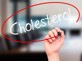 Man Hand writing Cholesterol with black marker on visual screen.