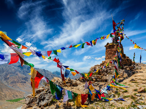 Buddhist prayer flags in Himalayas