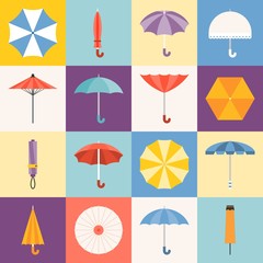 Vector umbrella icons collection, flat design - obrazy, fototapety, plakaty