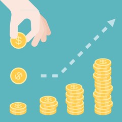 Vector hand holding golden coins staircase, growth income, flat design