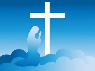 Virgin Mary Kneeling at the Foot of the Cross in Heaven (vector)