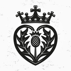 Luckenbooth brooch vector design element. Vintage Scottish heart shape with crown and thistle symbol logo concept. Valentine day or wedding illustration on grunge background.
