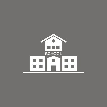 Icono de un edificio escolar sobre fondos negro. Educaci&oacute;n y colegio