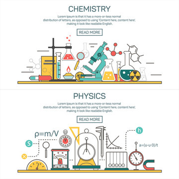 Science banner vector concepts in line style. Chemistry and Physics design elements. Laboratory workspace, science equipment.