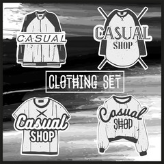 Vector set men casual clothes. Fashion collection of man jersey and shirts. Dress labels in vintage style.