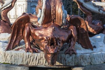 Fountain of the Dragons, in the gardens of the Royal Palace of La Granja de San Ildefonso, Segovia, Spain. It is an 18th-century palace in a restrained baroque style