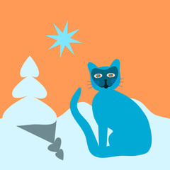 Fototapeta premium Turquoise blue psychedelic cat, with racoon mask, flopping tail - in snowy landscape with small spruce, under orange sky with star.