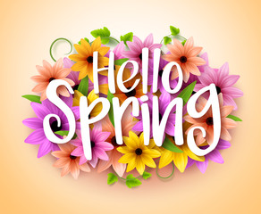 Hello Spring Poster Design in Realistic Colorful Vector Flowers Background with Vines for Spring Season. Vector Illustration
