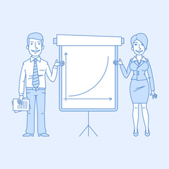 Businessman and business woman point to flip chart