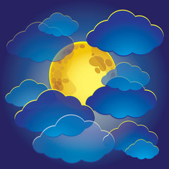 Illustration of the moon among the clouds in the night sky.