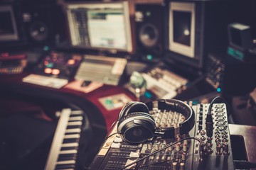 Fototapeta Close-up of boutique recording studio control desk. obraz