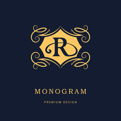 Monogram design elements, graceful template. Calligraphic elegant line art logo design. Letter emblem sign R for Royalty, business card, Boutique, Hotel, Heraldic, Cafe, Jewelry. Vector illustration